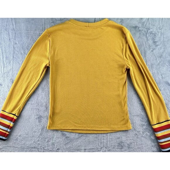 Lush Ribbed T-Shirt Top Women’s Size S Mustard Yellow Striped Cuffs Scoop Neck - Picture 15 of 16